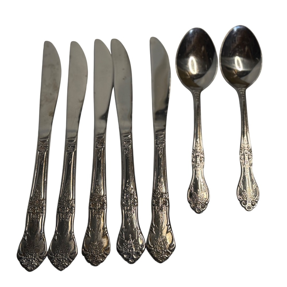 VTG C.S.B. Flatware Set Silver Stainless‎ Floral Pattern Knives Spoons 7pc